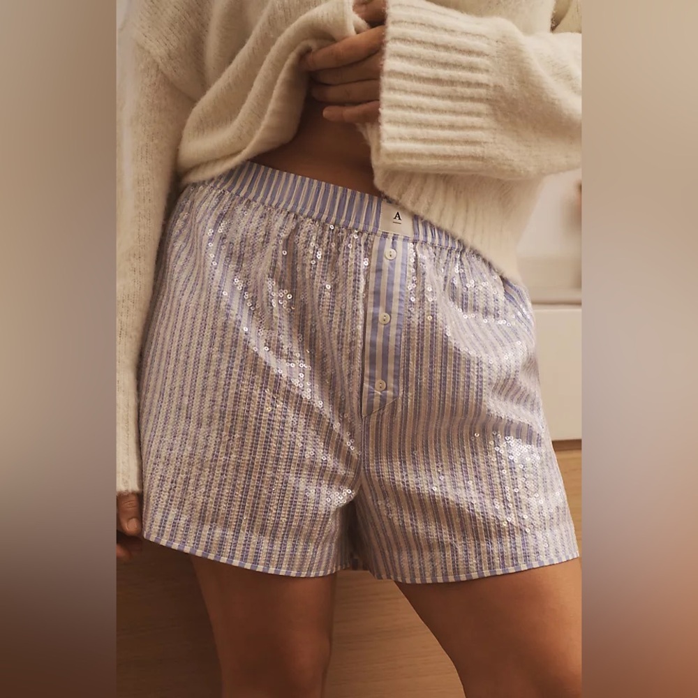 Anthropologie Sequin Stripe Lounge Shorts in Blue and White